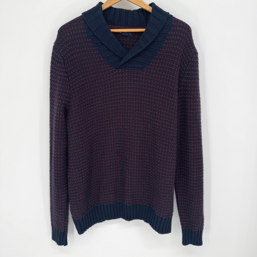 Lands End Shawl Collar Sweater Mens L Burgundy Navy Waffle Knit Pullover Cabin